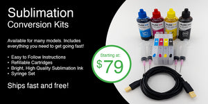 Convert your Epson printer to sublimation with our easy to use sublimation kits, complete with Ink, Refillable Cartridges, syringe set and full color instructions.