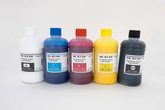 DTF Heat Transfer Pigment 5 Color Ink Set - Best Quality - 250ml CYMK+W w/ Syringes